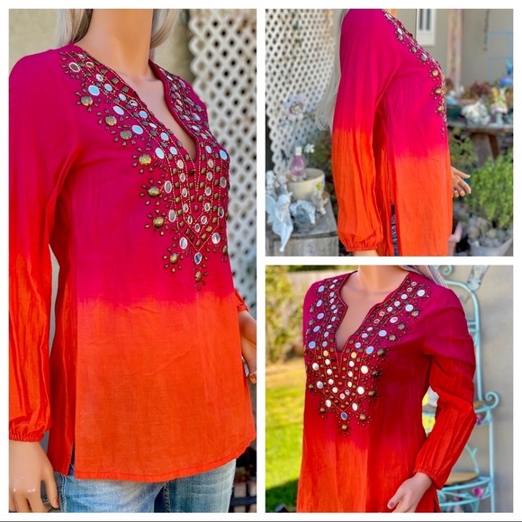 🎉HP MICHAEL KORS Retro Tie-die Ombré BoHo Gypsie Chic Beaded Mirrored Blouse - Picture 9 of 15